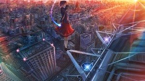 Anime Girls Sunset Glow Sunset Cityscape Looking Back Red Skirt Sky School Uniform Schoolgirl Kenzo  1400x1200 wallpaper