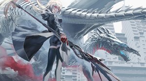 Dragon SWAV Anime Girls Lance Weapon Creature White Hair Red Eyes Standing Looking Away Building Cap 1600x1008 Wallpaper