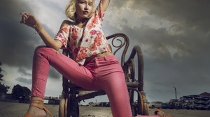 Asian Women Model Short Hair Dyed Hair Blonde Clouds Pants Blouse Barefoot Sandal Poles Chair 2400x1800 Wallpaper