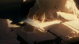 Anime Anime Girls Blonde Long Hair Feathers Closed Eyes Sleeping Books Barrette Writing Table 5031x3578 Wallpaper