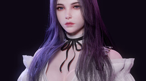 BeomJun Baek CGi Women Purple Hair White Clothing Choker Ribbon Long Hair Simple Background Purple E 1920x1920 Wallpaper